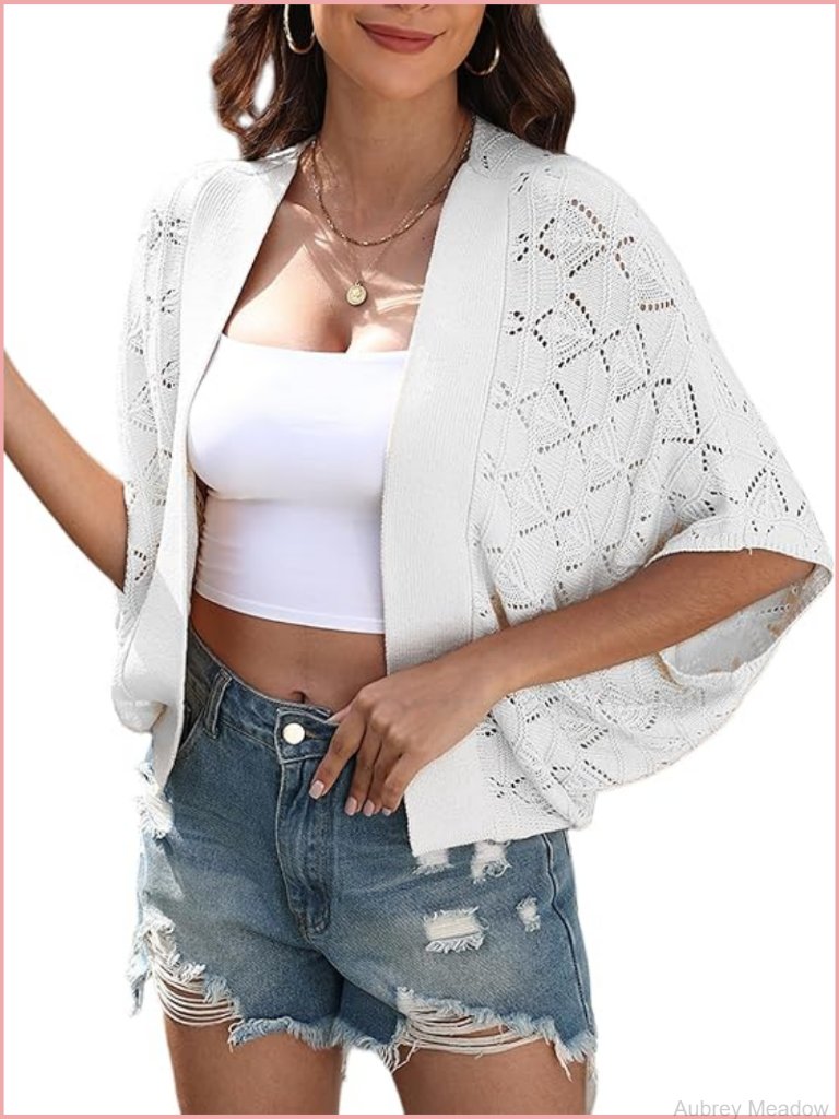 Boho Open Front Batwing Sleeve Crochet Cardigan Shrug Lightweight Knit